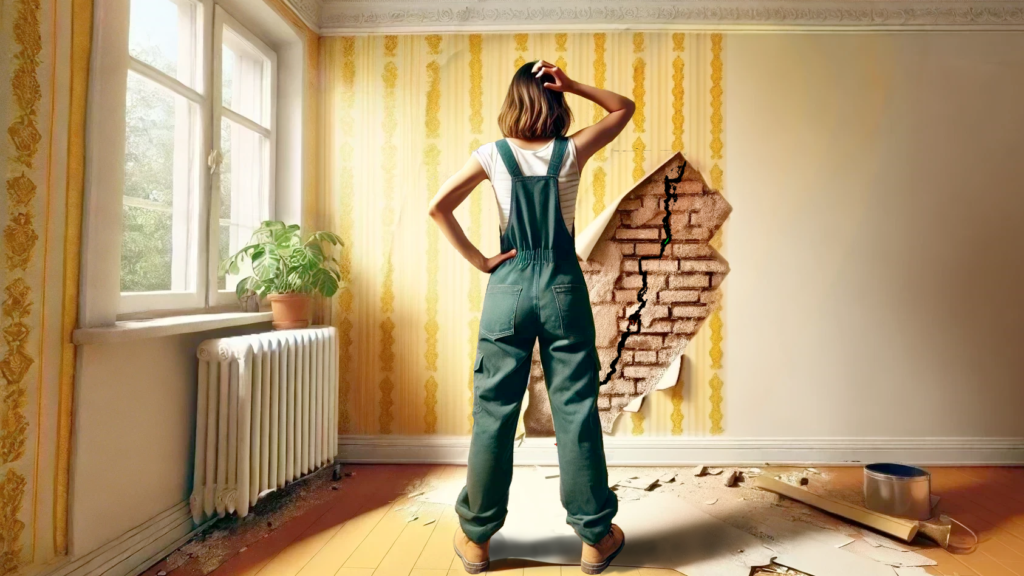 Mujer en un entorno doméstico observando una grieta en la pared, mientras se encuentra frente a una ventana luminosa, con el espacio de la habitación mostrando restos de material de reforma en el suelo. Ella está vestida con ropa de trabajo, indicando que está a punto de realizar una intervención en el lugar.