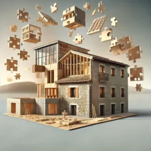 Ilustración conceptual de una casa en proceso de rehabilitación, con piezas de rompecabezas flotando y ensamblándose en la estructura.
