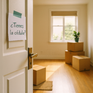 Puerta abierta con cartel que pregunta si tienes la cédula de habitabilidad