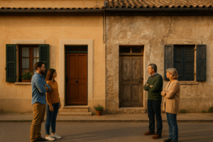 Dos parejas frente a fachadas de casas antiguas, una restaurada y otra deteriorada
