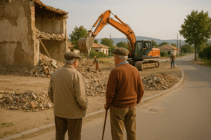 Dos hombres mayores observando una obra de demolición en su barrio