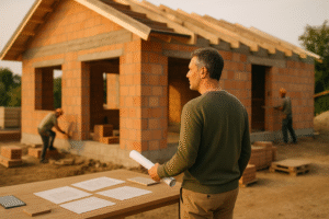 Arquitecto supervisando la obra de una vivienda en construcción
