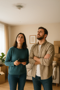 Pareja preocupada observando una filtración de agua en el techo
