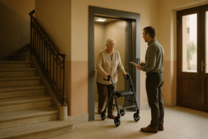 Arquitecto revisando instalación de ascensor con una mujer mayor