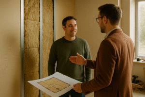 Arquitecto explicando proyecto de aislamiento térmico a cliente