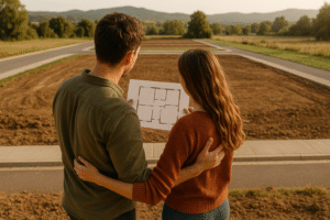 Pareja observando planos de su futura vivienda en un solar vacío