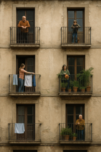 Vecinos en balcones de edificio antiguo con fachada deteriorada