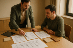 Arquitecto explicando planos y presupuesto de obra a un cliente