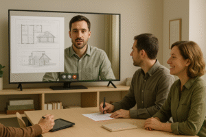 Reunión online entre arquitecto y clientes para presentación de proyecto