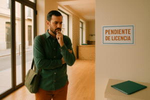 Hombre evaluando local comercial pendiente de licencia