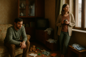 Pareja joven en salón antiguo con aspecto deteriorado