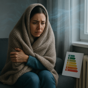 Mujer con frío en casa por mala eficiencia energética