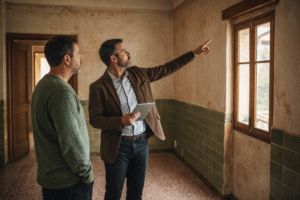 Arquitecto evaluando el estado de una vivienda antigua durante una visita técnica