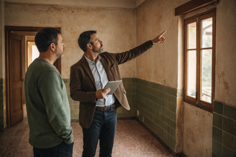 Arquitecto evaluando el estado de una vivienda antigua durante una visita técnica